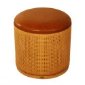 PUFF ROMA -  BASE EM PALHA NATURAL - ASSENTO COURO OCRE - Cód.: 1258