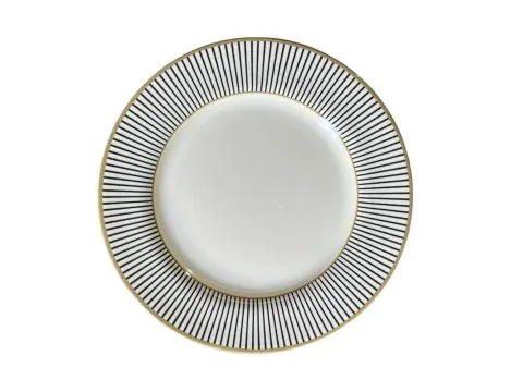 PRATO SOBREMESA - NUORO - LISTRADO BRANCO E PRETO - FILETE DOURADO - 3 - ST Mob - Locações de mobiliário para eventos