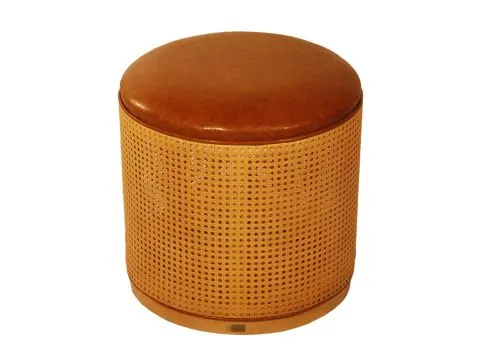 PUFF ROMA -  BASE EM PALHA NATURAL - ASSENTO COURO OCRE - 3 - ST Mob - Locações de mobiliário para eventos