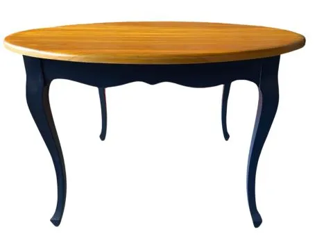 MESA MEDALHÃO - 1,20 Ø - TAMPO MADEIRA MEL - BASE LACA AZUL ESCURO - 1 - ST Mob - Locações de mobiliário para eventos