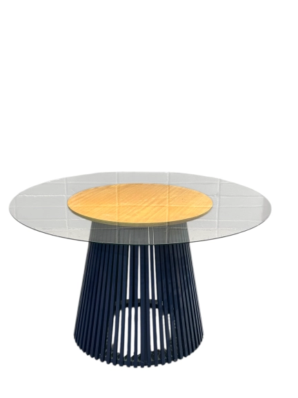 MESA ASTI - 1,40 Ø - BASE LACA AZUL ESCURO - TAMPO VIDRO ST Mob - Locações de mobiliário para eventos