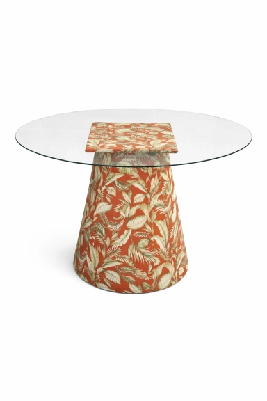 MESA ASTI - 1,40 Ø - BASE FLORAL TERRACOTA - TAMPO VIDRO ST Mob - Locações de mobiliário para eventos