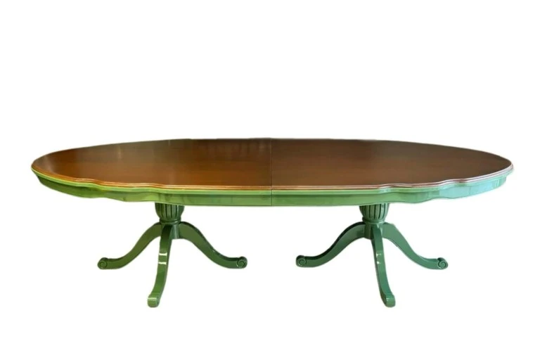 MESA CARRARA - 3,00 m -  TAMPO MADEIRA IMBUIA - BASE LACA VERDE ESCURO ST Mob - Locações de mobiliário para eventos