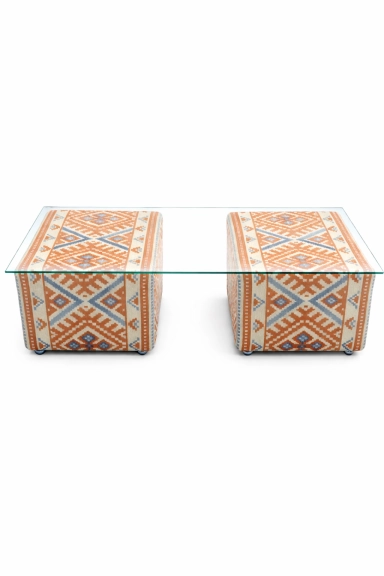 MESA ERBA - CENTRO - TERRACOTA - AZUL CLARO - CRU - TAMPO VIDRO ST Mob - Locações de mobiliário para eventos