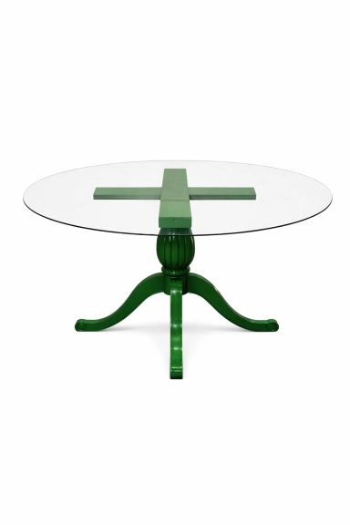 MESA ITÁLIA - 1,40 Ø - BASE LACA VERDE ESCURO - TAMPO VIDRO ST Mob - Locações de mobiliário para eventos