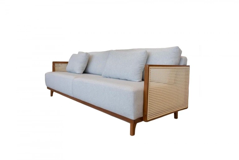 SOFÁ SALUZZO - MADEIRA IMBUIA - ESTOFADO CRU - LATERAL COM DETALHE EM PALHA NATURAL ST Mob - Locações de mobiliário para eventos
