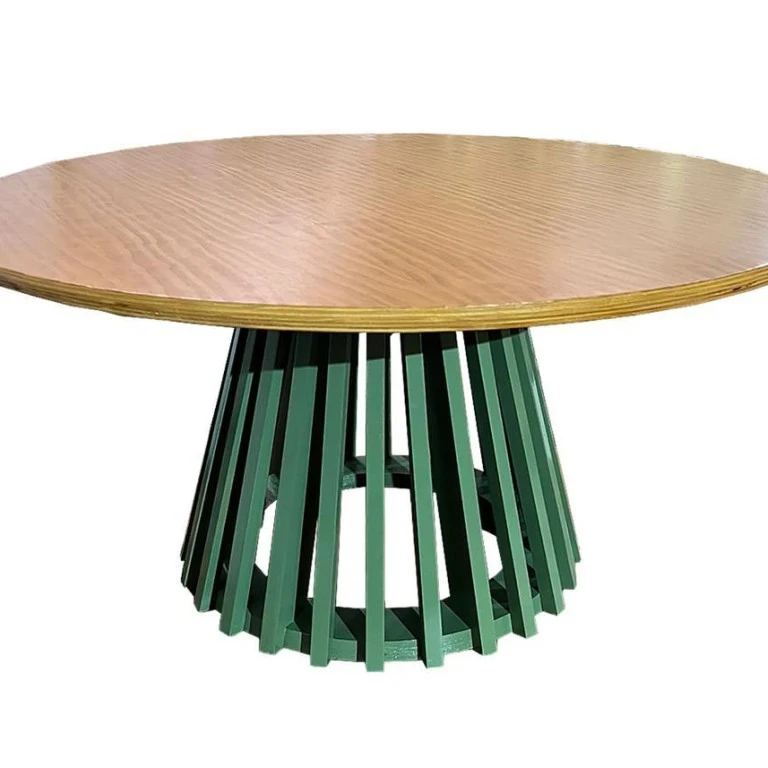 MESA ASTI - CENTRO - TAMPO MADEIRA MEL - BASE LACA VERDE ST Mob - Locações de mobiliário para eventos