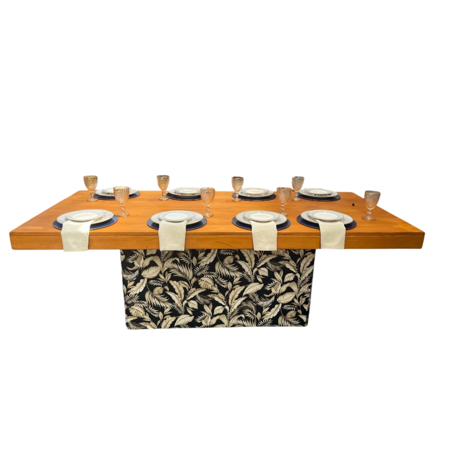 MESA PAVIA - TAMPO MADEIRA - BASE FLORAL AZUL ST Mob - Locações de mobiliário para eventos