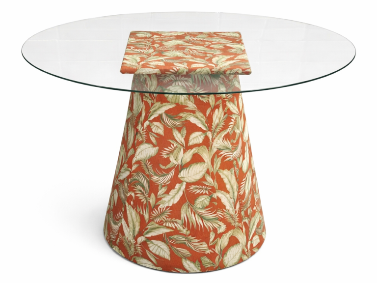 MESA ASTI - 1,40Ø - BASE FLORAL TERRACOTA - TAMPO VIDRO ST Mob - Locações de mobiliário para eventos