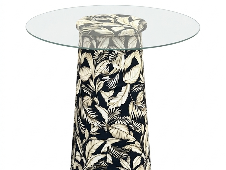 MESA ASTI - BISTRO ALTA - BASE FLORAL AZUL ESCURO - TAMPO VIDRO ST Mob - Locações de mobiliário para eventos