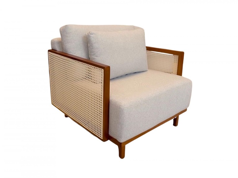 POLTRONA SALUZZO - MADEIRA IMBUIA - ESTOFADO CRU - LATERAL COM DETALHE EM PALHA NATURAL ST Mob - Locações de mobiliário para eventos