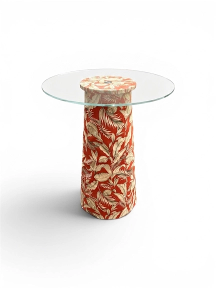 MESA ASTI - BISTRO ALTA - BASE FLORAL TERRACOTA - TAMPO VIDRO ST Mob - Locações de mobiliário para eventos