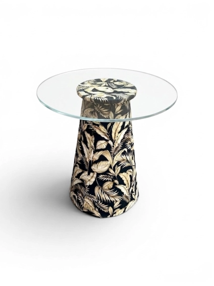 MESA ASTI - BISTRO BAIXA - BASE FLORAL AZUL - TAMPO VIDRO ST Mob - Locações de mobiliário para eventos