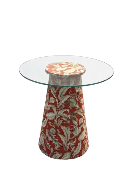 MESA ASTI - BISTRO BAIXA - BASE FLORAL TERRACOTA - TAMPO VIDRO ST Mob - Locações de mobiliário para eventos
