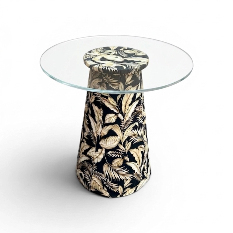 MESA ASTI - BISTRO BAIXA - BASE FLORAL AZUL - TAMPO VIDRO ST Mob - Locações de mobiliário para eventos