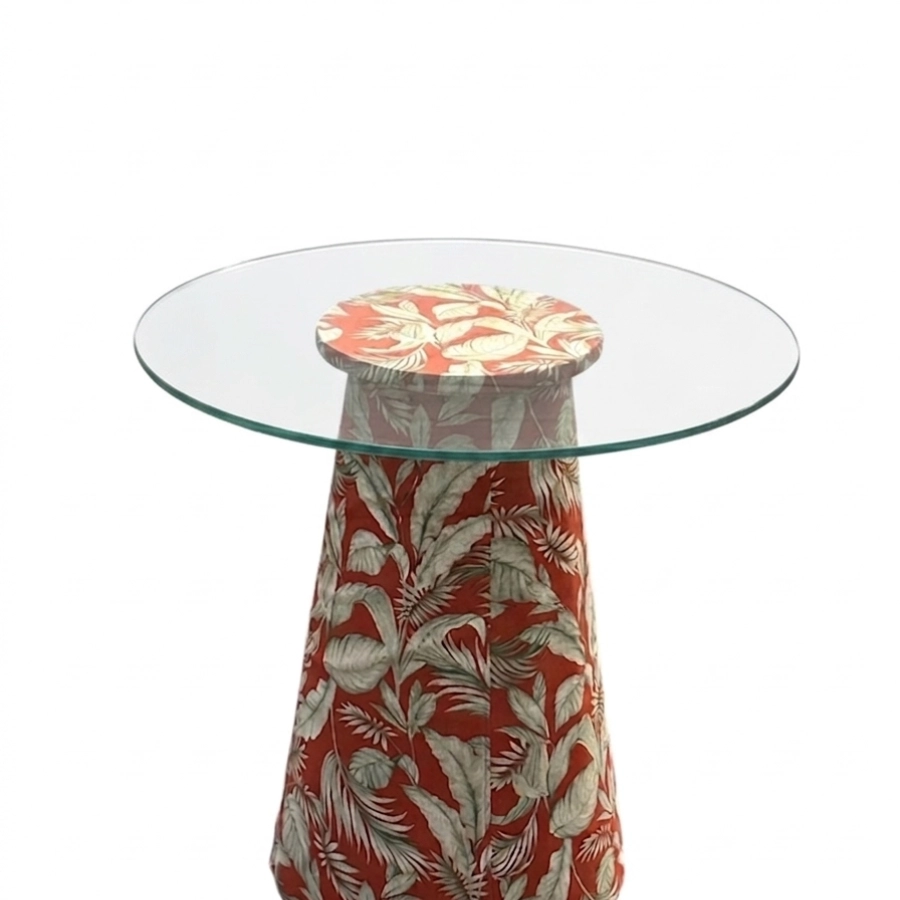 MESA ASTI - BISTRO BAIXA - BASE FLORAL TERRACOTA - TAMPO VIDRO ST Mob - Locações de mobiliário para eventos