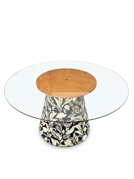 MESA ASTI - 1,40 Ø - BASE FLORAL AZUL - TAMPO VIDRO ST Mob - Locações de mobiliário para eventos