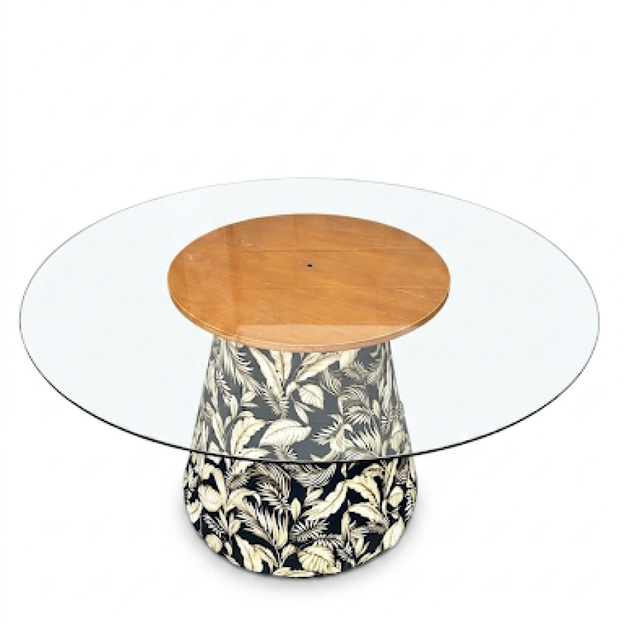 MESA ASTI - 1,40 Ø - BASE FLORAL AZUL - TAMPO VIDRO ST Mob - Locações de mobiliário para eventos
