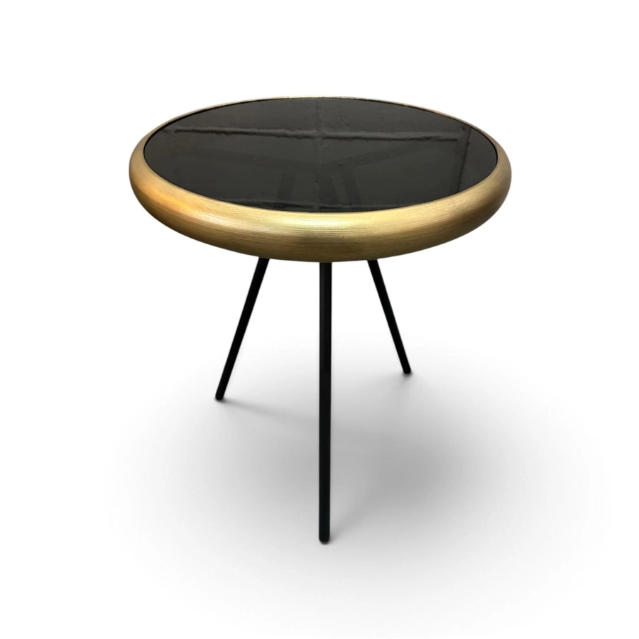 MESA GIARRE G - LATERAL - BORDA DOURADA - BASE FERRO PRETA - TAMPO VIDRO PRETO ST Mob - Locações de mobiliário para eventos