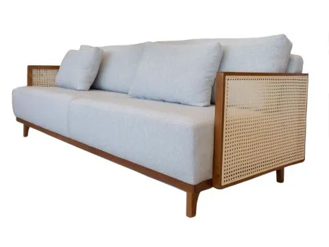 SOFÁ SALUZZO - MADEIRA IMBUIA - ESTOFADO CRU - LATERAL COM DETALHE EM PALHA NATURAL - 4 - ST Mob - Locações de mobiliário para eventos