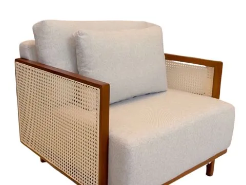 POLTRONA SALUZZO -  MADEIRA IMBUIA - ESTOFADO CRU - LATERAL COM DETALHE EM PALHA NATURAL - 5 - ST Mob - Locações de mobiliário para eventos