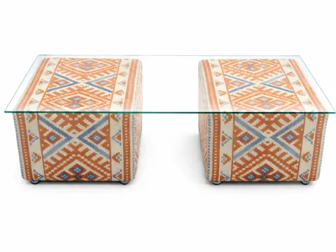 MESA ERBA - CENTRO - AZUL CLARO - TERRACOTA - TAMPO VIDRO - 1 - ST Mob - Locações de mobiliário para eventos
