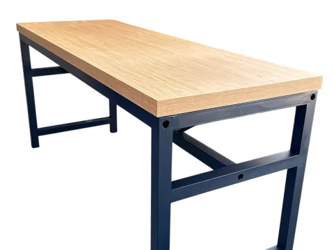 MESA LUGO - BISTRO COMUNITÁRIA ALTA - BASE FERRO AZUL - TAMPO FRESNO - 1 - ST Mob - Locações de mobiliário para eventos