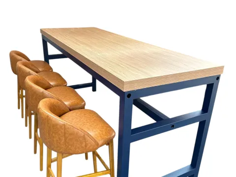 MESA LUGO - BISTRO COMUNITÁRIA ALTA - BASE FERRO AZUL - TAMPO FRESNO - 3 - ST Mob - Locações de mobiliário para eventos