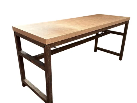 MESA LUGO - BISTRO COMUNITÁRIA ALTA - BASE FERRO AÇO CORTEN - TAMPO FRESNO - 1 - ST Mob - Locações de mobiliário para eventos