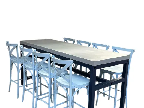 MESA LUGO - BISTRO COMUNITÁRIA ALTA - BASE FERRO AZUL - TAMPO AZUL - 3 - ST Mob - Locações de mobiliário para eventos