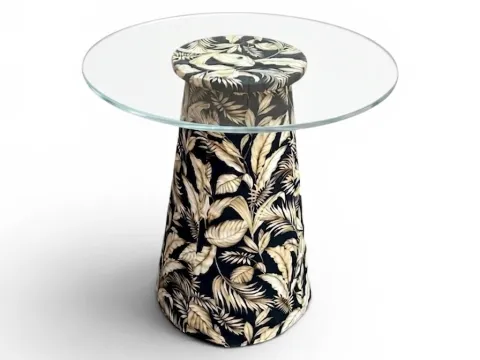 MESA ASTI - BISTRO BAIXA - BASE FLORAL AZUL - TAMPO VIDRO - 1 - ST Mob - Locações de mobiliário para eventos