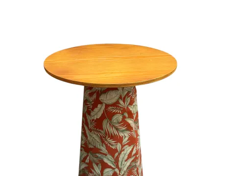 MESA ASTI - BISTRO ALTA - BASE FLORAL TERRACOTA - TAMPO MADEIRA - 1 - ST Mob - Locações de mobiliário para eventos